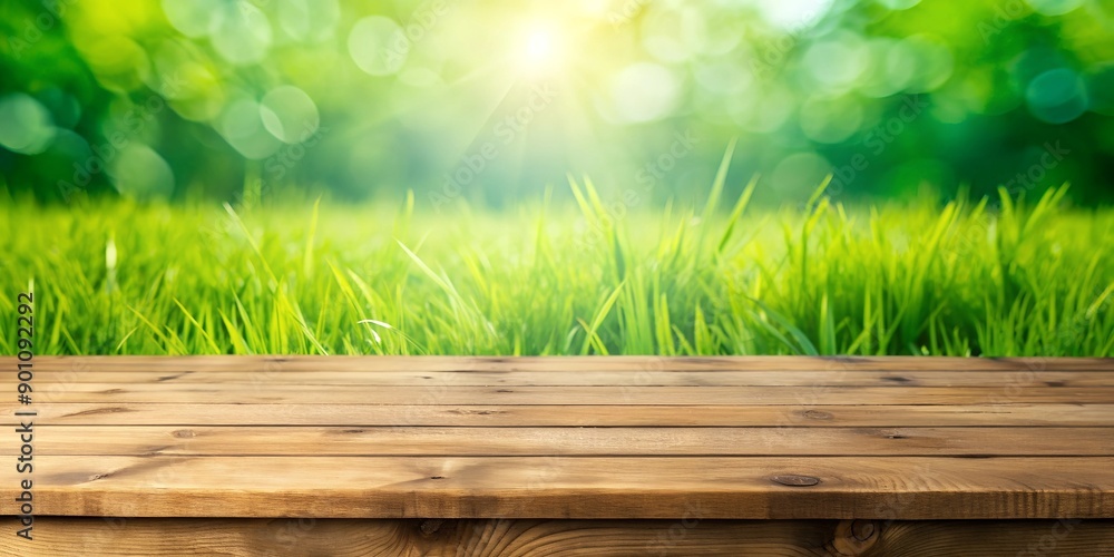 Wooden tabletop with green grass in the background AI-Generated Content Wooden tabletop with green grass in the background AI-Generated Content