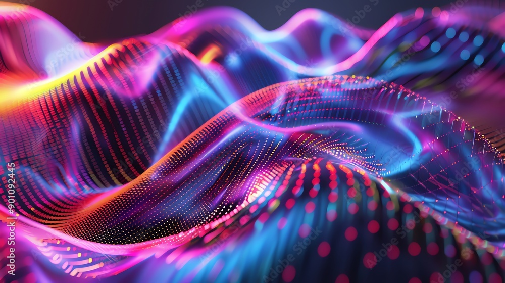 Fototapeta premium An abstract background with flowing, colorful lights and a grid pattern.