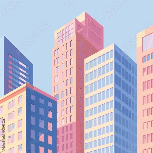 Cartoon illustration of a cityscape with colorful skyscrapers.