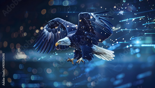 A majestic eagle in flight with abstract digital elements around it, symbolizing freedom and technology integration. photo