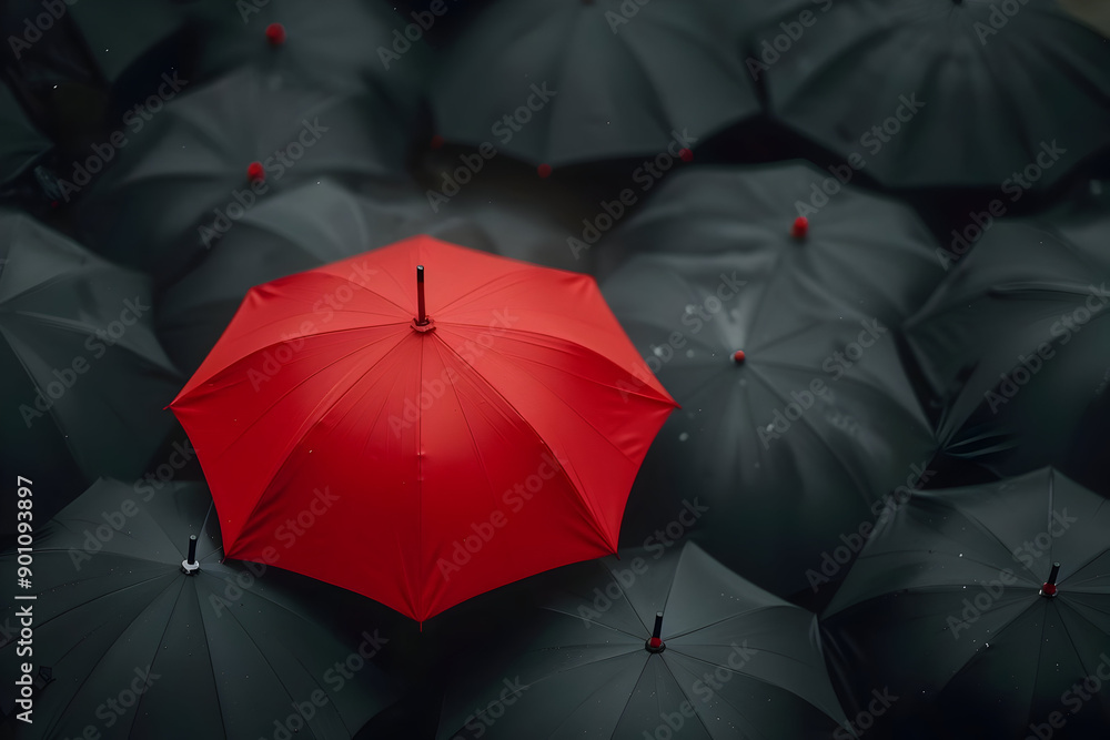 A striking red umbrella stands out among a sea of black umbrellas, symbolizing individuality and uniqueness even in the rain. A striking red umbrella stands out among a sea of black umbrellas, symbolizing individuality and uniqueness even in the rain.