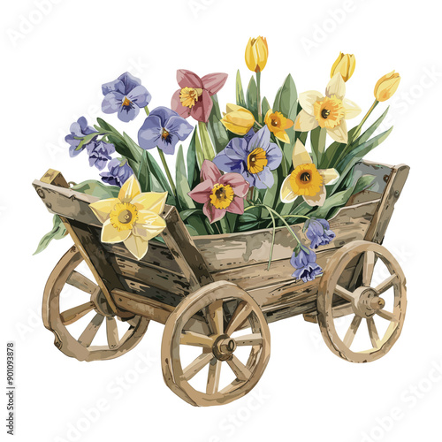 Wooden wagon filled with colorful spring flowers.