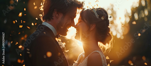 A happiness moment during a wedding where confetti is caught mid air
 photo