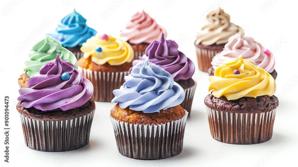A group of colorful cupcakes on a white background. A group of colorful cupcakes on a white background.