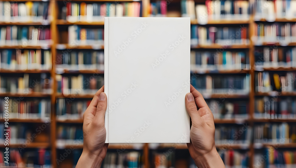 Close-up of person holding a blank book in front of a bookshelf, ideal for book cover design, template, or concept for knowledge and education. Close-up of person holding a blank book in front of a bookshelf, ideal for book cover design, template, or concept for knowledge and education.