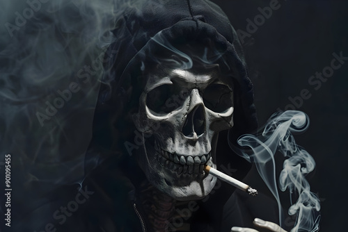 Eerie skeleton figure in a dark hood, smoking a cigarette with smoke swirling around. Spooky atmosphere perfect for Halloween imagery. photo