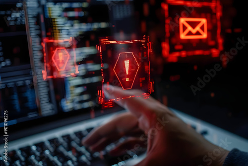 Hand reaching towards holographic warning symbols on a laptop screen representing cyber attack and data breach threats. photo