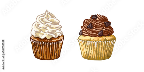 Cupcake  in Hand-drawn style set , Bakery sketch. Drawing of food elements. , cake bakery for design sticker, scrapbooking, card stationery, label and packaging Vector illustration