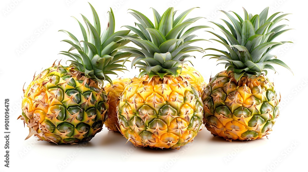 Three ripe pineapples isolated on a white background.  The pineapples have green tops and yellow skin.