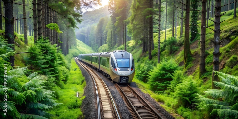 Fototapeta premium A high speed train travels through a dense lush green forest with ferns and tall trees surrounding the railway tracks Generative