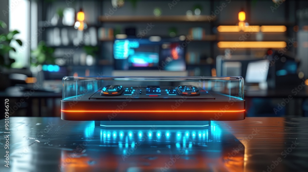 Sleek Futuristic 3D Display Podium in Modern Office Sleek Futuristic 3D Display Podium in Modern Office