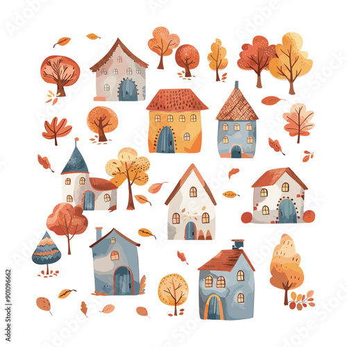 Cute watercolor illustration of autumn houses and trees.