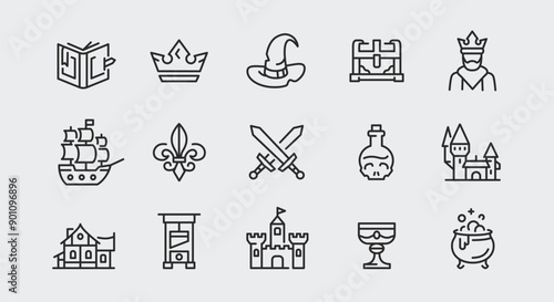 Medieval fantasy icons. Large set of medieval fantasy trendy minimal icons. Example: Book, Crown, Wizard Hat, Castle icon. Design signs for web page, mobile app, packaging design. Vector illustration