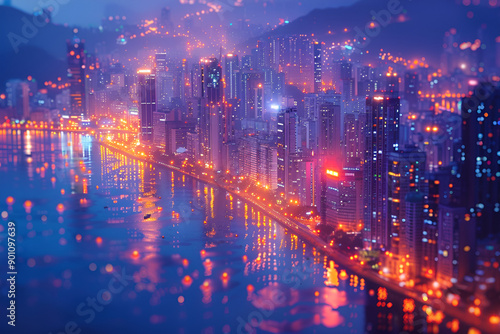  City skyline at night reflecting on water with glowing lights  creating a picturesque urban landscape.