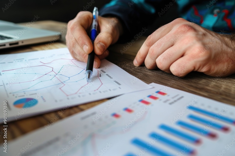 Person Analyzing Charts and Graphs with a Pen Person Analyzing Charts and Graphs with a Pen
