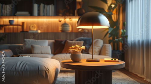 A modern living room with a sleek metal table lamp on a minimalist wooden side table, casting warm light on a cozy reading nook.