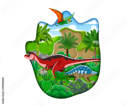 Paper cut prehistoric dinosaur footprint. Cartoon 3d vector papercut frame filled with dino species at lush, green, jungle forest landscape with ancient ferns, palm trees, tropical vegetation and rock