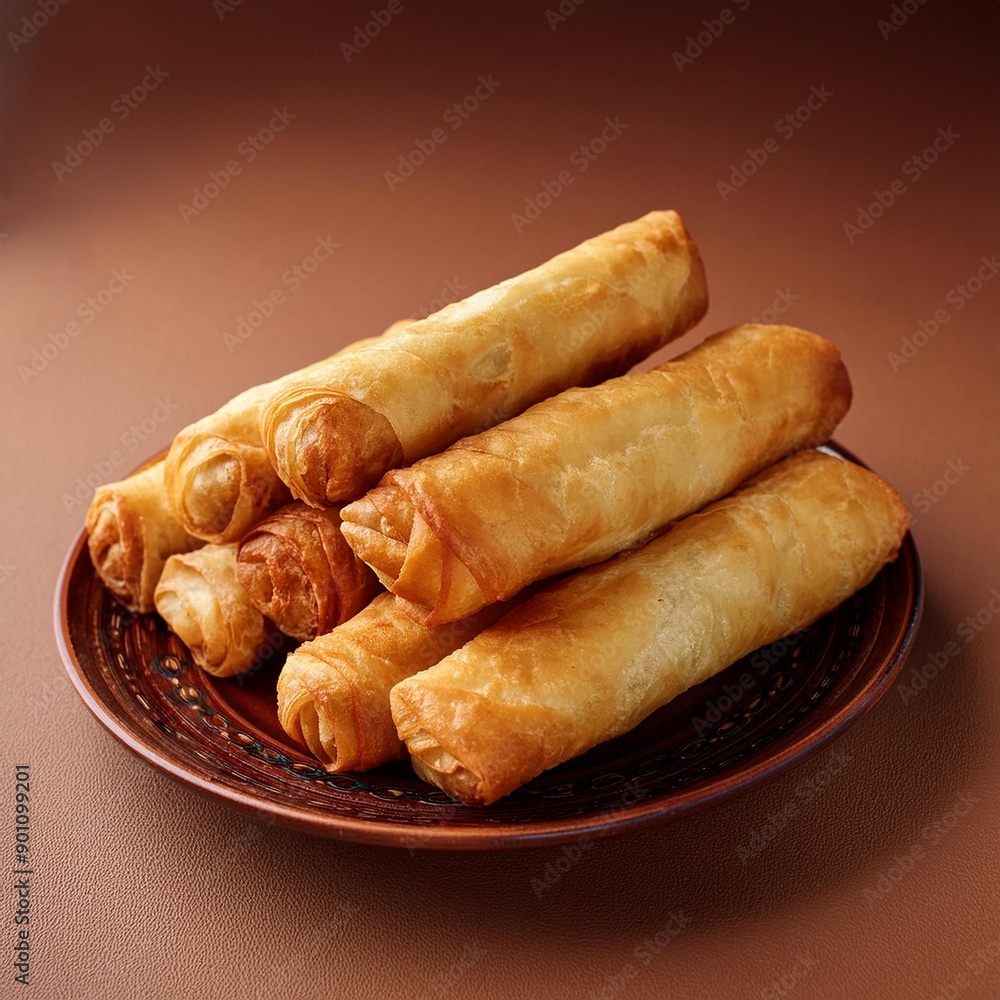 Turkish deep fried cigar shaped spring rolls, sigara borek on brown background Turkish deep fried cigar shaped spring rolls, sigara borek on brown background