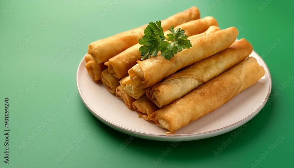 Turkish deep fried cigar shaped spring rolls, sigara borek on green background Turkish deep fried cigar shaped spring rolls, sigara borek on green background
