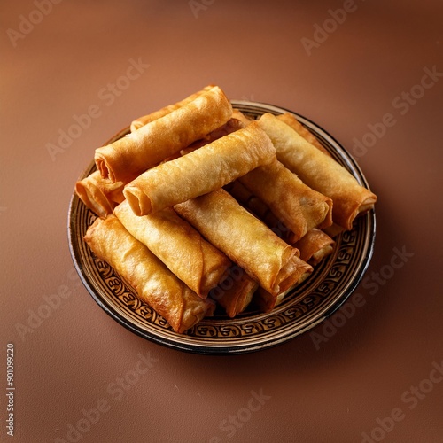 Turkish deep fried cigar shaped spring rolls, sigara borek on brown background  photo