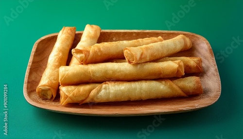 Turkish deep fried cigar shaped spring rolls, sigara borek on green background  photo