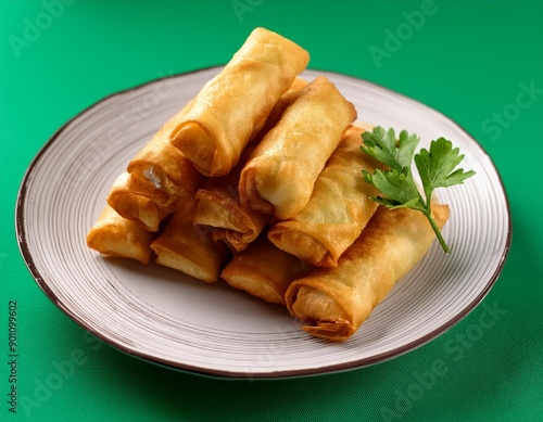 Turkish deep fried cigar shaped spring rolls, sigara borek on green background  photo