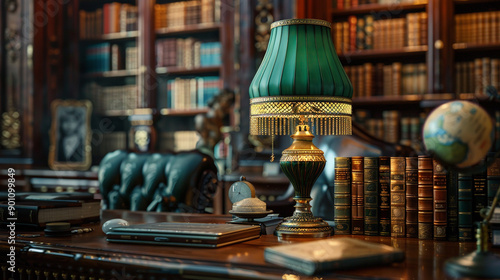 A traditional library with a green bankera??s table lamp on a dark wooden desk, surrounded by leather-bound books and classic decor. photo