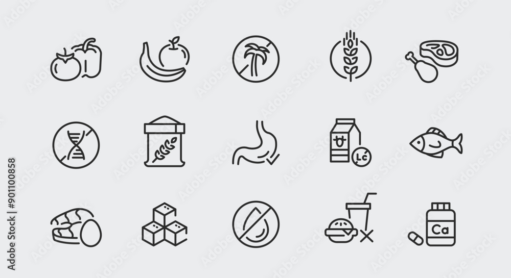 Fototapeta premium Nutrition and dietary icons. Large set of nutrition and dietary trendy minimal icons. Vegetables, Fruits, Meat icon. Design signs for web page, mobile app, packaging design. Vector illustration