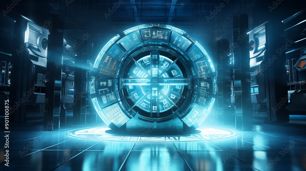 Obraz premium Strange money vault door made entirely of holographic digital numbers and symbols, against a futuristic backdrop