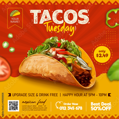 Tacos tuesday Mexican food square web banner social media template