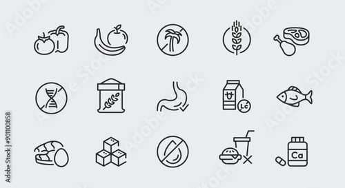 Nutrition and dietary icons. Large set of nutrition and dietary trendy minimal icons. Vegetables, Fruits, Meat icon. Design signs for web page, mobile app, packaging design. Vector illustration