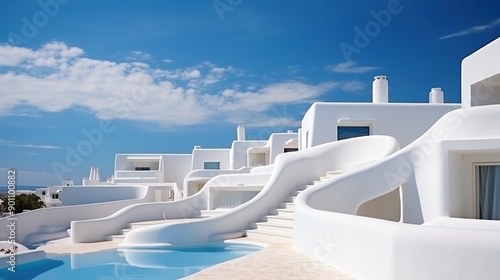 Modern White Architecture with Pool and Blue Sky © MINHOO