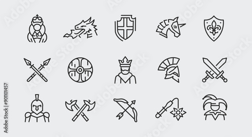 Medieval icons. Large set of medieval trendy minimal icons. Example: Crown, Dragon, Shield, Knight, Swords icon. Design signs for web page, mobile app, packaging design. Vector illustration.