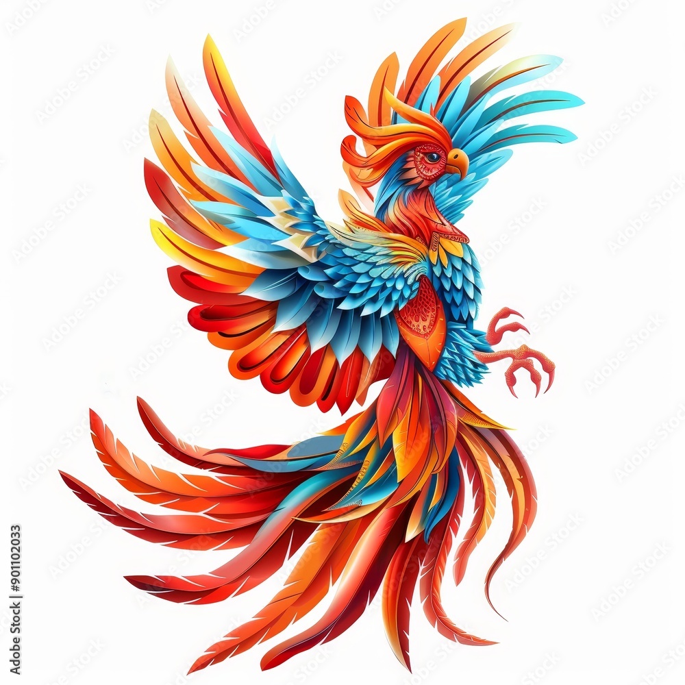 Obraz premium A colorful bird with a red, blue, and yellow tail feather