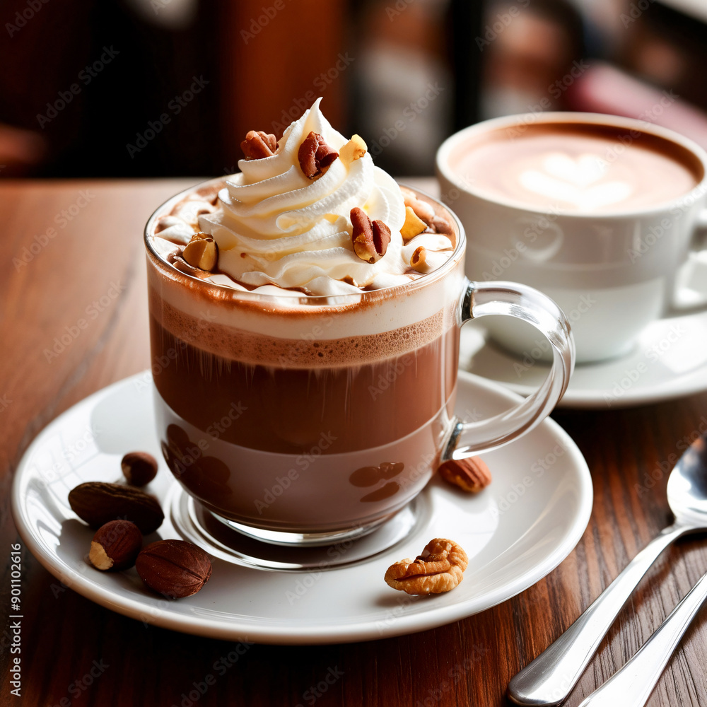Cold coffee in a glass cup with whipped cream and coffee seed chocolate concept Cold coffee in a glass cup with whipped cream and coffee seed chocolate concept