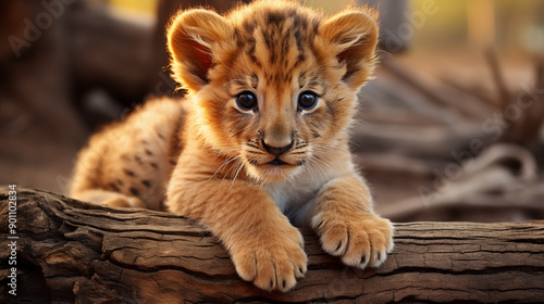 Close-up of a cute lion cub . a young lion in the savannah in africa.