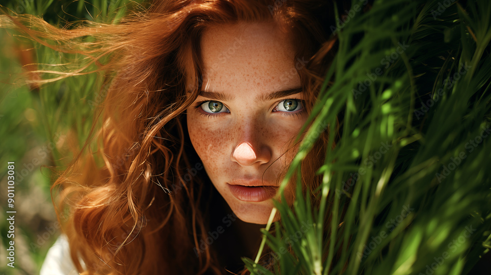 Close-up photo of a girl with green eyes and freckles on her face. Close-up photo of a girl with green eyes and freckles on her face.