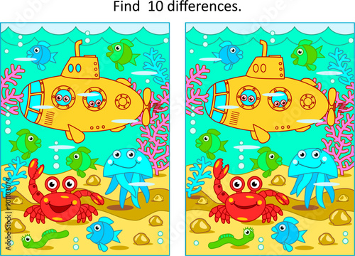 Difference game with submarine in underwater scene of sea life. Find 10 differences picture puzzle.
