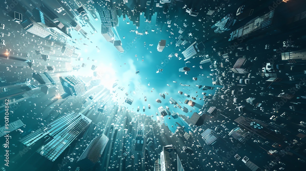 A city is falling apart and falling into a blue abyss. A city is falling apart and falling into a blue abyss.