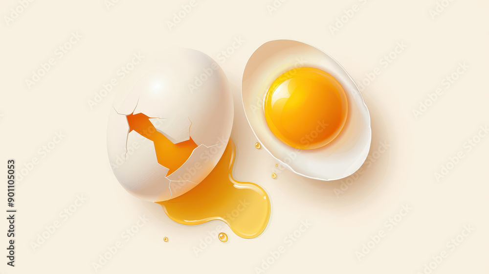 Flat illustration featuring broken eggs with yolk and white, and an empty shell on a clean background. Flat illustration featuring broken eggs with yolk and white, and an empty shell on a clean background.