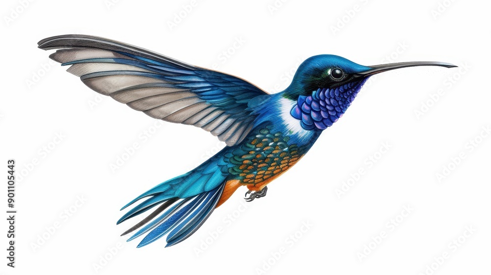 Obraz premium Vibrant watercolor of a hummingbird in flight, showcasing its vivid colors and dynamic motion in nature.