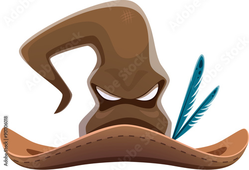 Cartoon Halloween witch hats with grumpy face expression. Isolated vector old brown pointed cap frown eyebrows and eyes that mirror its grouchy mood, ready for festive mischief with spooky twist