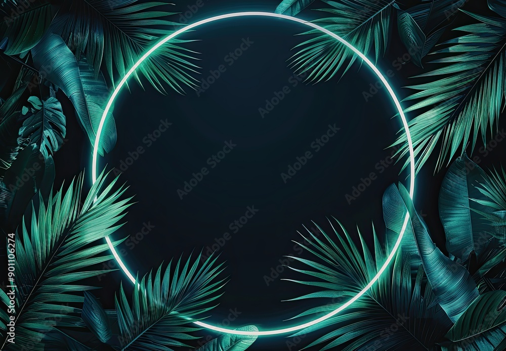 Green Neon Circle with Tropical Leaves, A green neon circle frames vibrant tropical leaves on a dark background, creating a striking and modern design for graphic projects.
Green Neon Circle with Tropical Leaves, A green neon circle frames vibrant tropical leaves on a dark background, creating a striking and modern design for graphic projects.