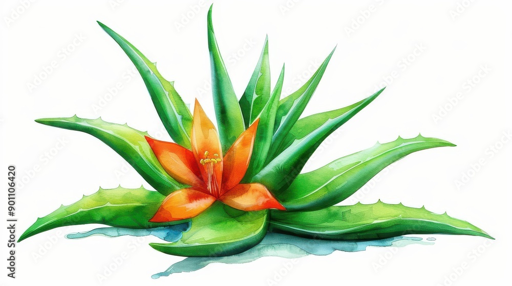 Experience the beauty of nature with this realistic watercolor illustration of an aloe vera plant and its vibrant flower. Experience the beauty of nature with this realistic watercolor illustration of an aloe vera plant and its vibrant flower.
