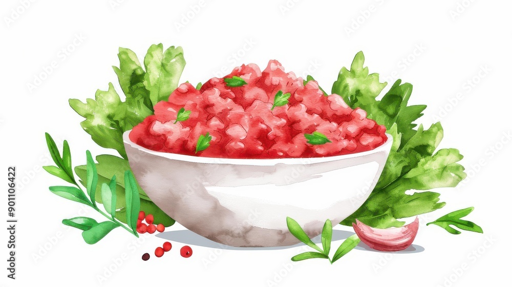 A vibrant watercolor illustration of raw minced meat in a bowl, showcasing rich colors and textures, perfect for culinary art. A vibrant watercolor illustration of raw minced meat in a bowl, showcasing rich colors and textures, perfect for culinary art.