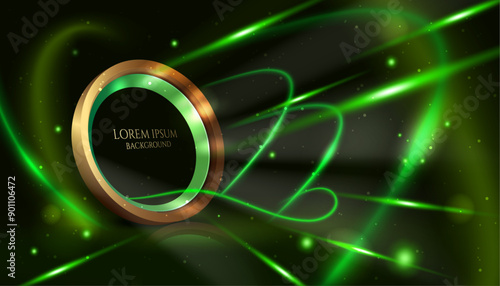 golden metallic ring with green curve elegant lines modern and creative dark digital luxury backdrop, technology and cover element,vector illustration award banner.