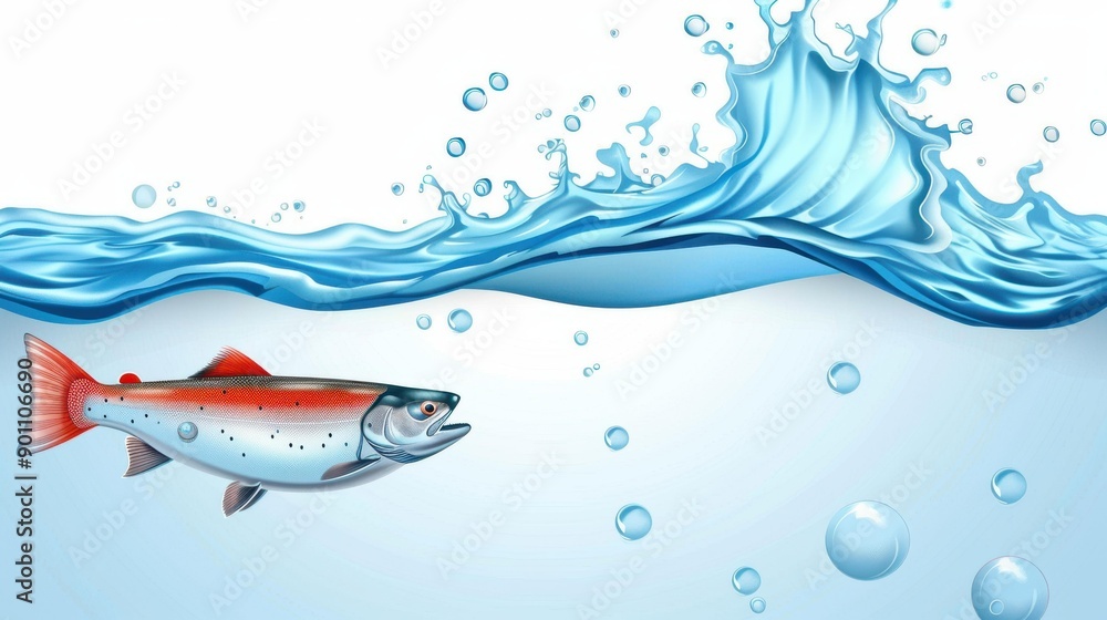 A vibrant red salmon leaps from clear water, showcasing its striking color and dynamic movement against a white backdrop. A vibrant red salmon leaps from clear water, showcasing its striking color and dynamic movement against a white backdrop.