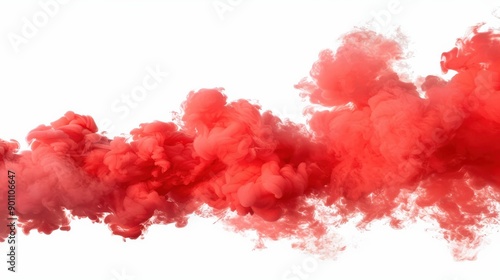 A vibrant red smoke plume rises, creating a striking visual against a clean, white background.