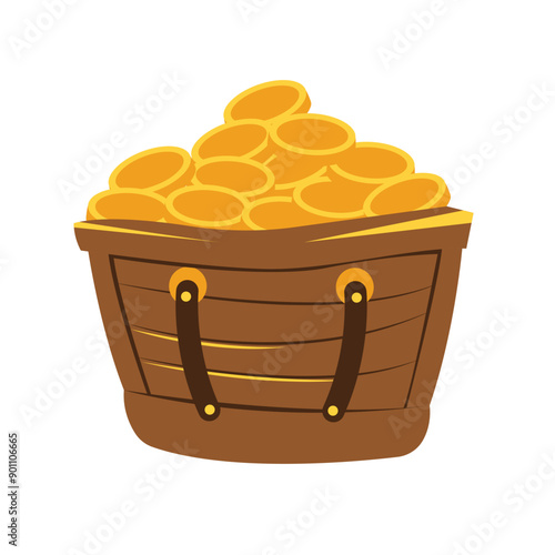 Treasure chest with gold coins vector illustration, open pirate wooden chest full of gold coins, isolated on white background, money gold box container
