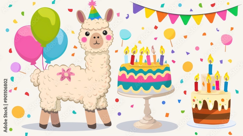Fototapeta premium A whimsical llama celebrates with a birthday cake, colorful balloons, and a lovely floral blanket in soft watercolor hues.